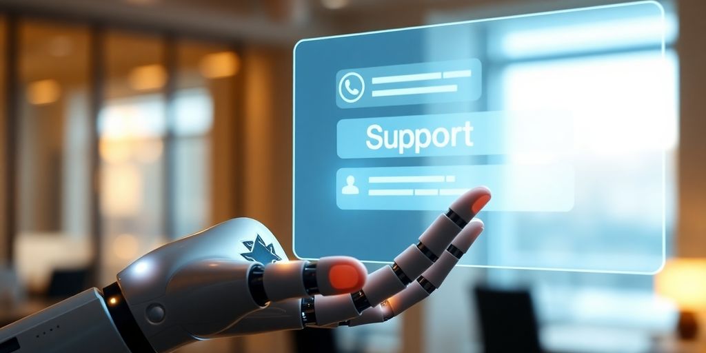 KI-Agent im Support - Roboterhände interagieren mit leuchtendem Support-Chatfenster.