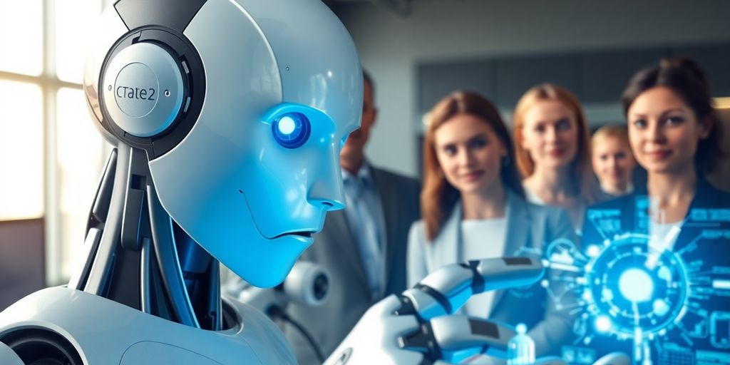 Was kostet ein KI-Agent: Roboter und Mensch bei strategischer Besprechung