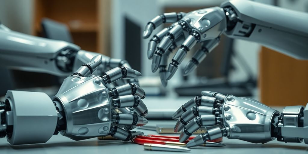 Roboterhände interagieren mit Büroobjekten im Vordergrund.