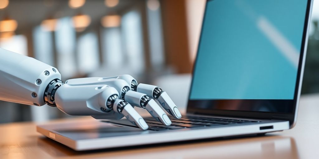 Was ist ein KI-Agent - Roboter-Assistent arbeitet an einem Laptop