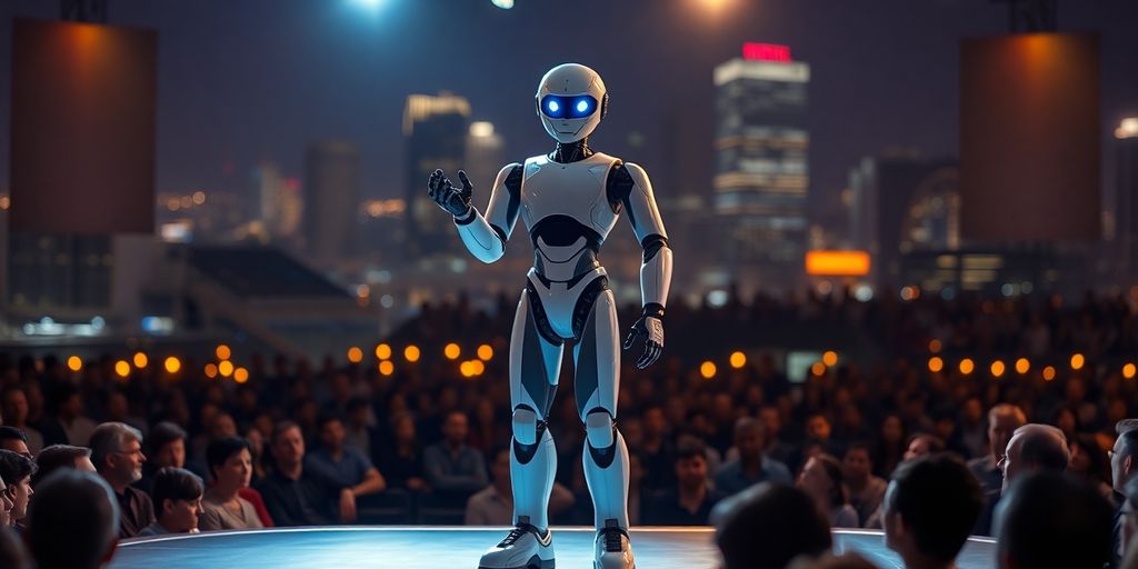 Roboter auf einer Bühne mit Scheinwerfern und Publikum - Was kostet ein KI-Agent