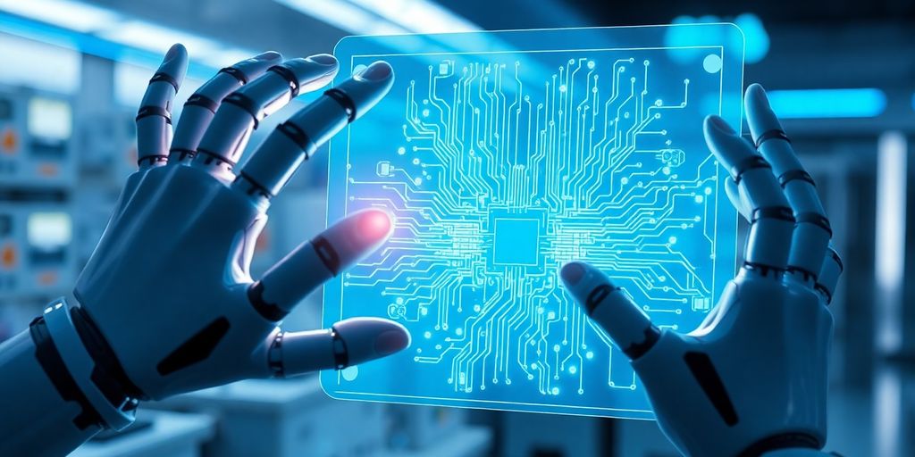 Chatbot oder KI-Agent - Roboterhände interagieren mit Hologramm