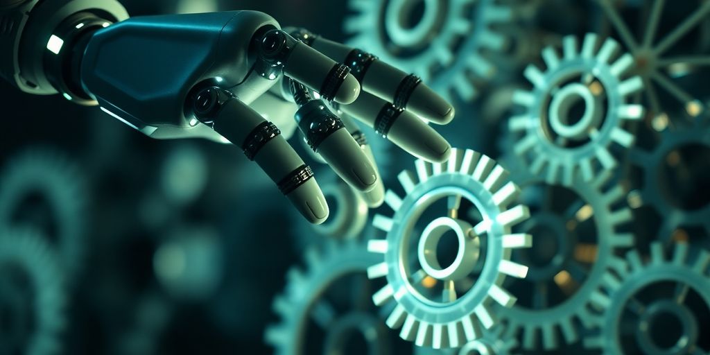 Roboterhände interagieren mit leuchtenden Zahnrädern.