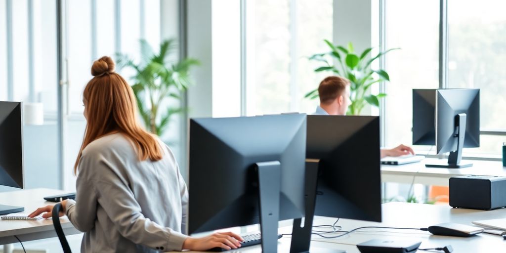Blick auf Büro mit vier Personen vor Computern