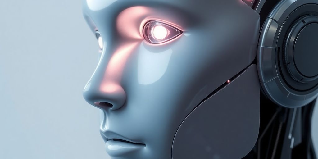 Chatbot oder KI-Agent - Robotergesicht mit leuchtenden Augen