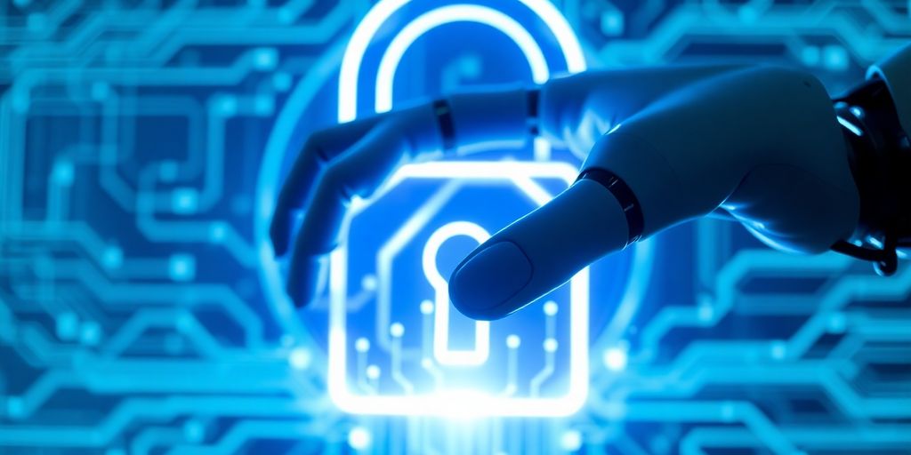 Kosten KI Agent: Roboterhand sichert digitales Schloss, abstrakte Datenlinien