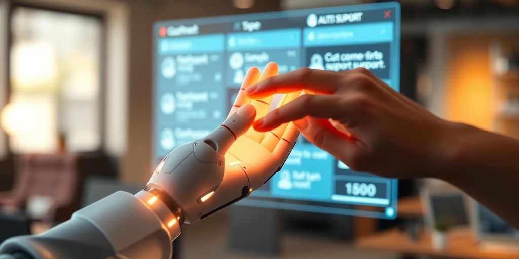 Roboter und Mensch arbeiten gemeinsam an einem Computer