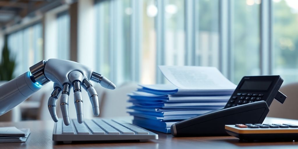 Roboterhände interagieren mit Büroobjekten, KI-Prozesse KI-Agenten helfen
