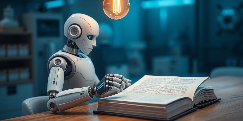 Roboter, der aus einem Buch lernt, mit Glühbirne. Chatbot oder KI-Agent