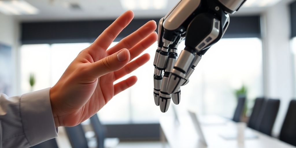 Roboterhand und menschliche Hand berühren sich.