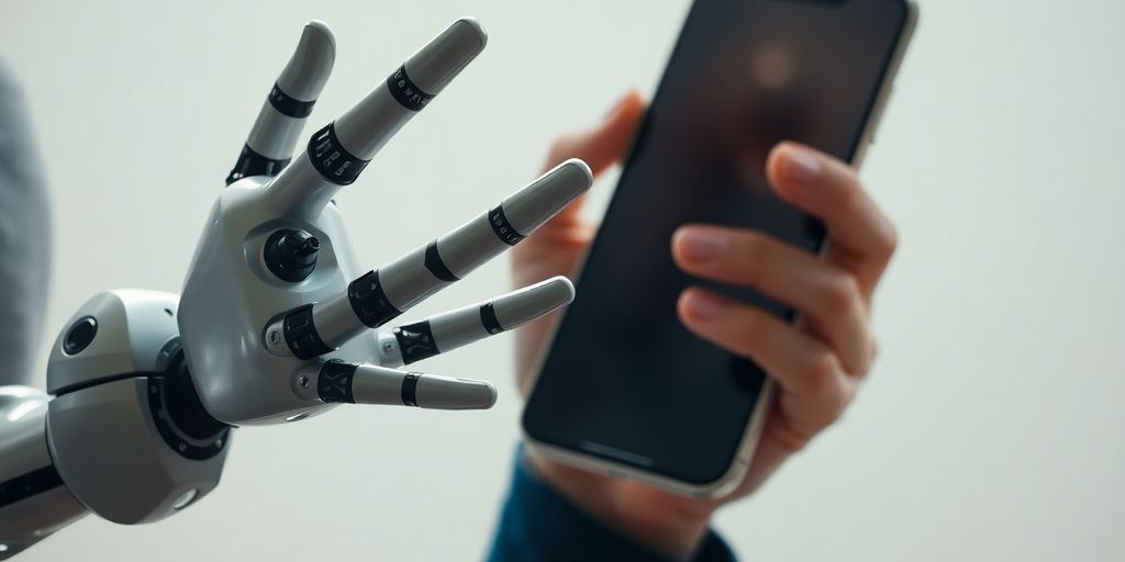 Roboterarm und menschliche Hand mit Smartphone