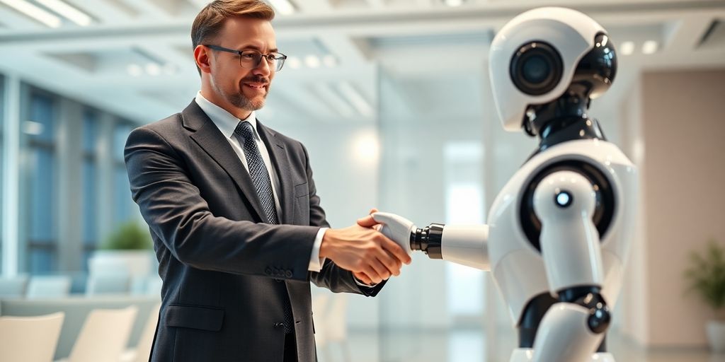 Roboter und Geschäftsmann schütteln sich die Hände
