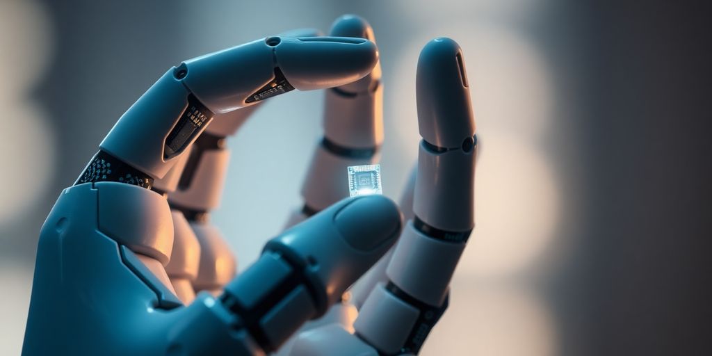 Roboterhand hält leuchtenden Chip