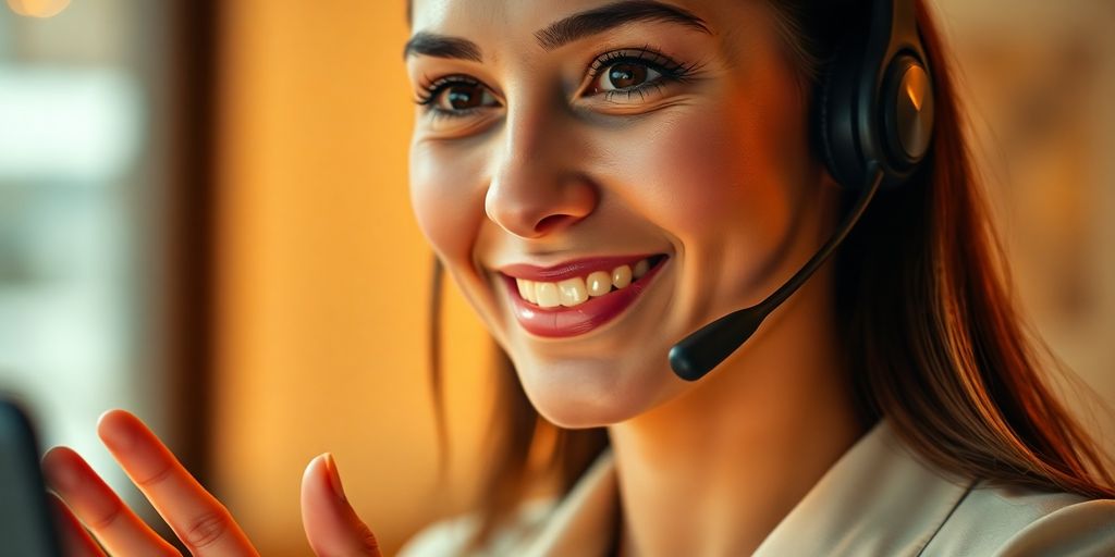 Conversational AI: Mitarbeiterin lächelt bei der Interaktion mit virtuellem Assistenten