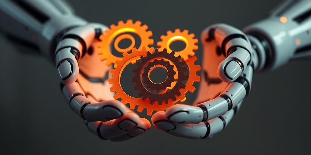 Roboterhände halten glühende Zahnräder