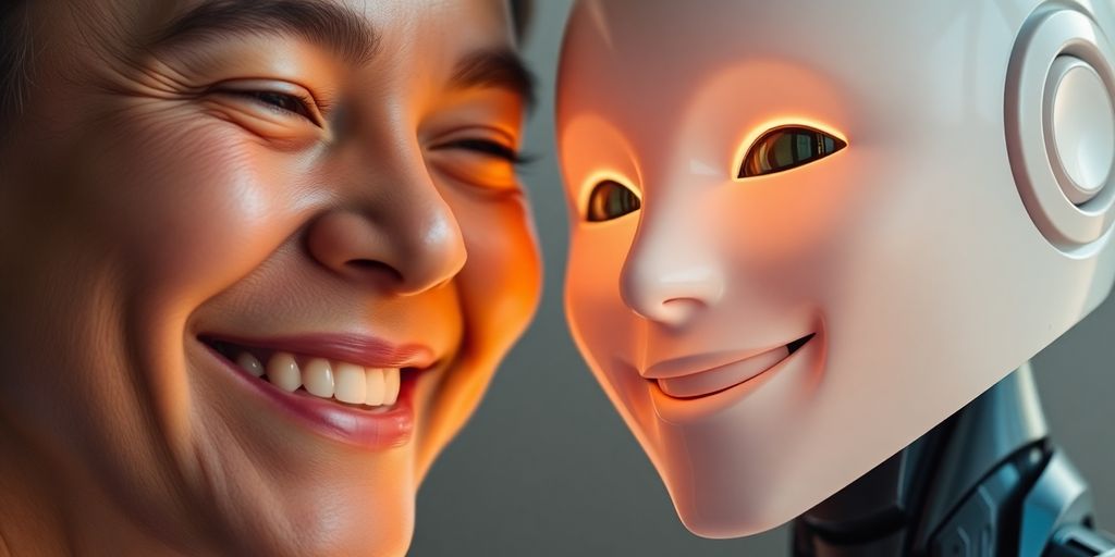 Freundliche Person lachend, KI-Roboter lächelnd - einfach Bessere KI-Antworten