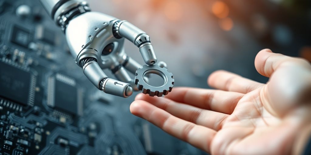 Roboterarm reicht menschlicher Hand Zahnrad - Was sind KI-Agenten