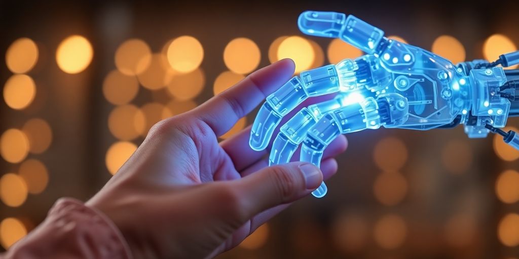 Bessere KI-Antworten: Nahaufnahme einer Person, die mit einem Roboterinteragiert