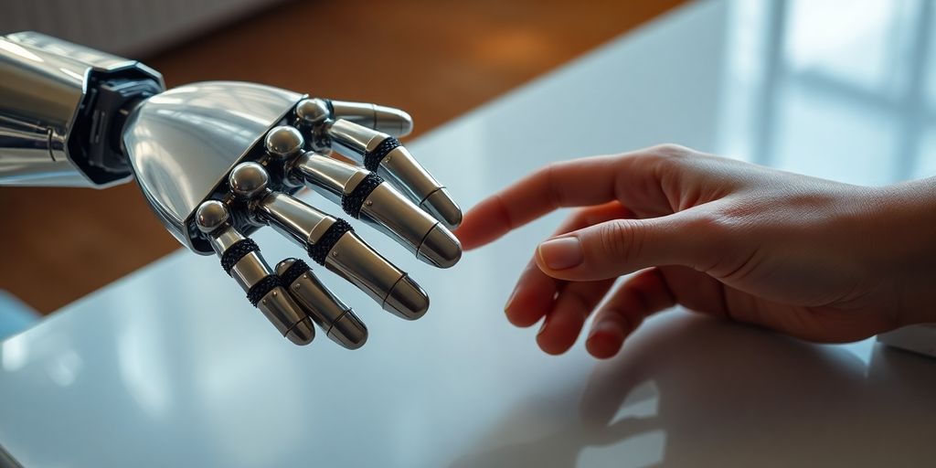 Roboterhand und menschliche Hand berühren sich über Tischplatte.