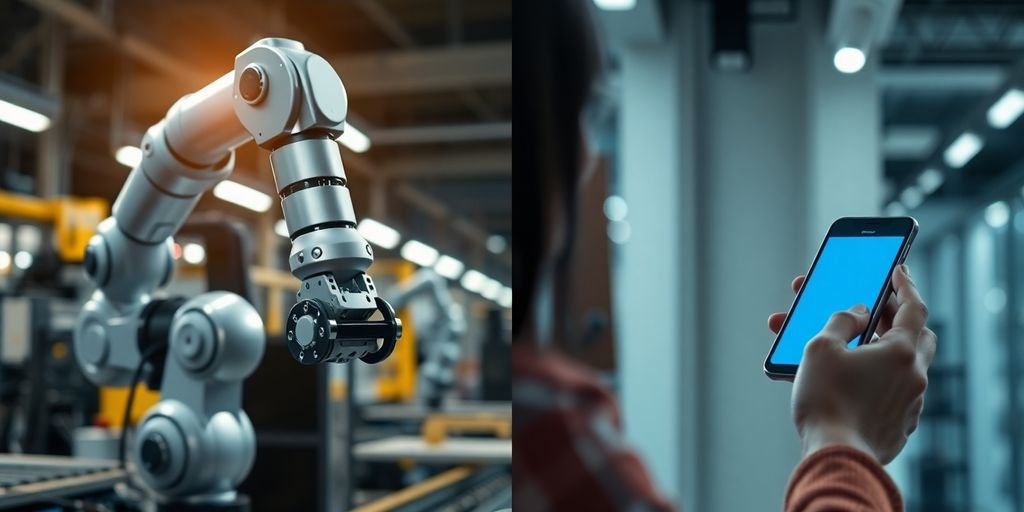 Digitale Assistenten: Roboterarm und smartes Gerät