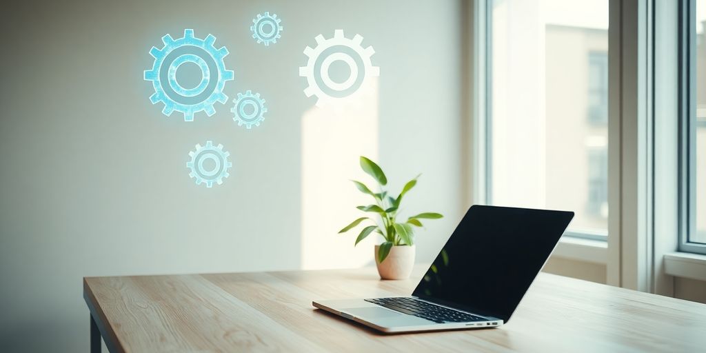 No-Code Automatisierung: Schreibtisch, Laptop, schwebende Zahnräder