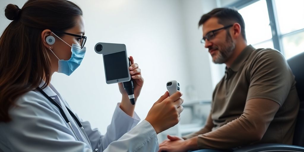 Ärztin untersucht Patientin mit intelligenten Geräten.