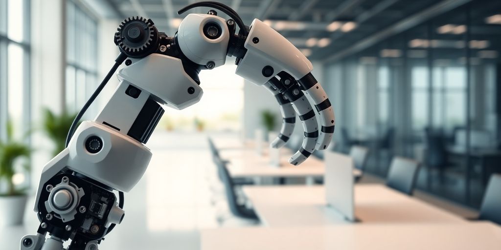 Roboter-Arm mit Zahnrädern und Geschäftsumgebung