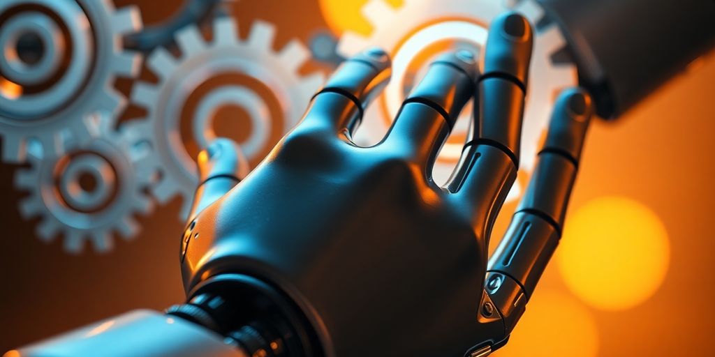 Prozessoptimierung mit KI: Roboterhand und Zahnräder in Bewegung