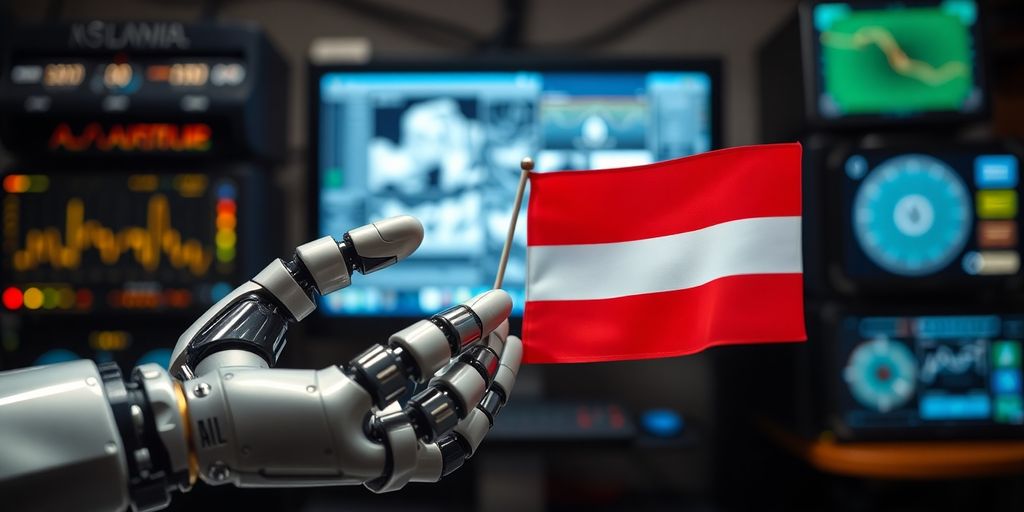 KI Beratung Österreich: Roboterhand hält österreichische Flagge, vor Computer