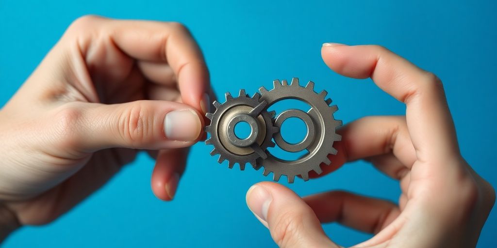 No-Code Automatisierung: Hände, die Zahnräder verbinden, auf blauem Hintergrund.