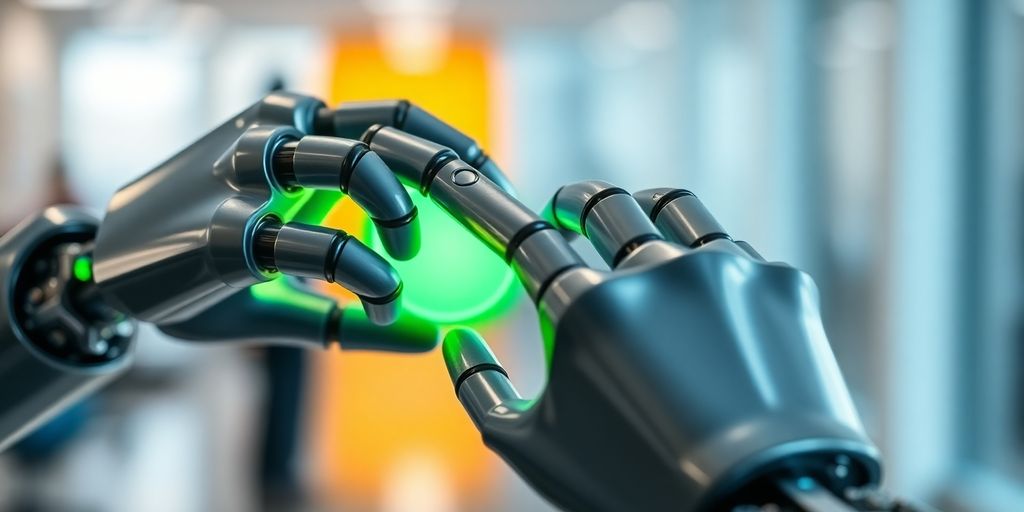 KI für KMUs: Roboterhand drückt Startknopf für KMU-Wachstum